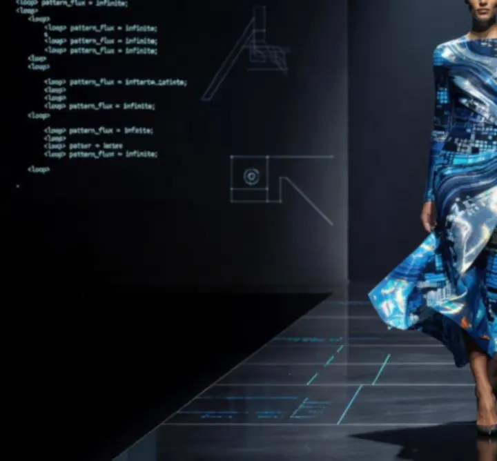 Digitális hatású, futurisztikus divatfotó fémes és holografikus részletekkel.