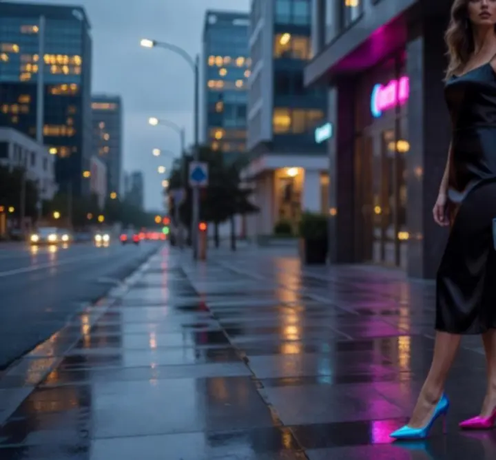 Esti koktél outfit fekete szatén midi ruhával és merész színű magassarkúval