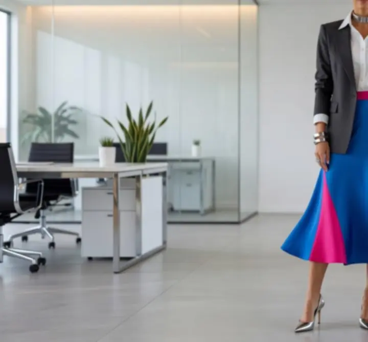 Fashion-forward irodai outfit színblokkolt midiszoknyával és strukturált blézerrel