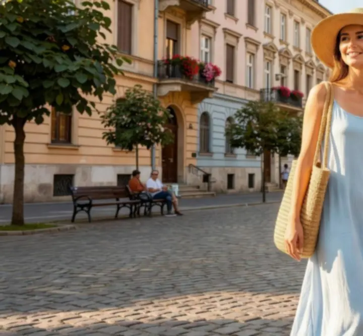 Nyári outfit Magyarországon, szellős ruhában és szalmakalappal