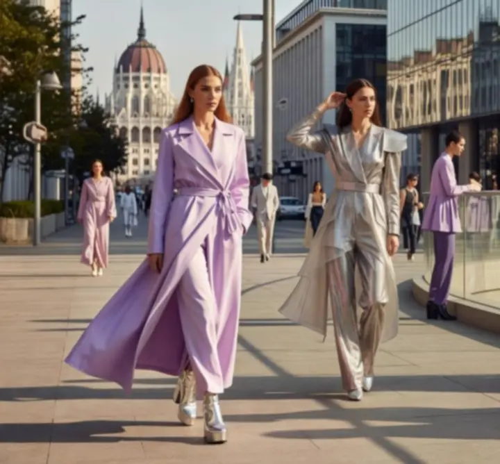 Szerkesztett divatfotó 2026-os trendi outfitekkel, elegáns és modern hangulatban.