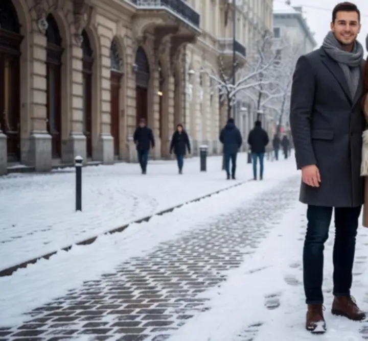 Téli streetwear stílus Magyarországon, meleg kabáttal és csizmával